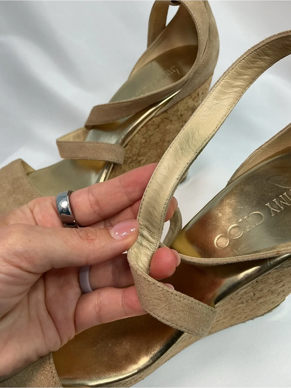 Jimmy Choo | Portia 120 Nude Suede Cork Platform Wedge Sandals EU 40